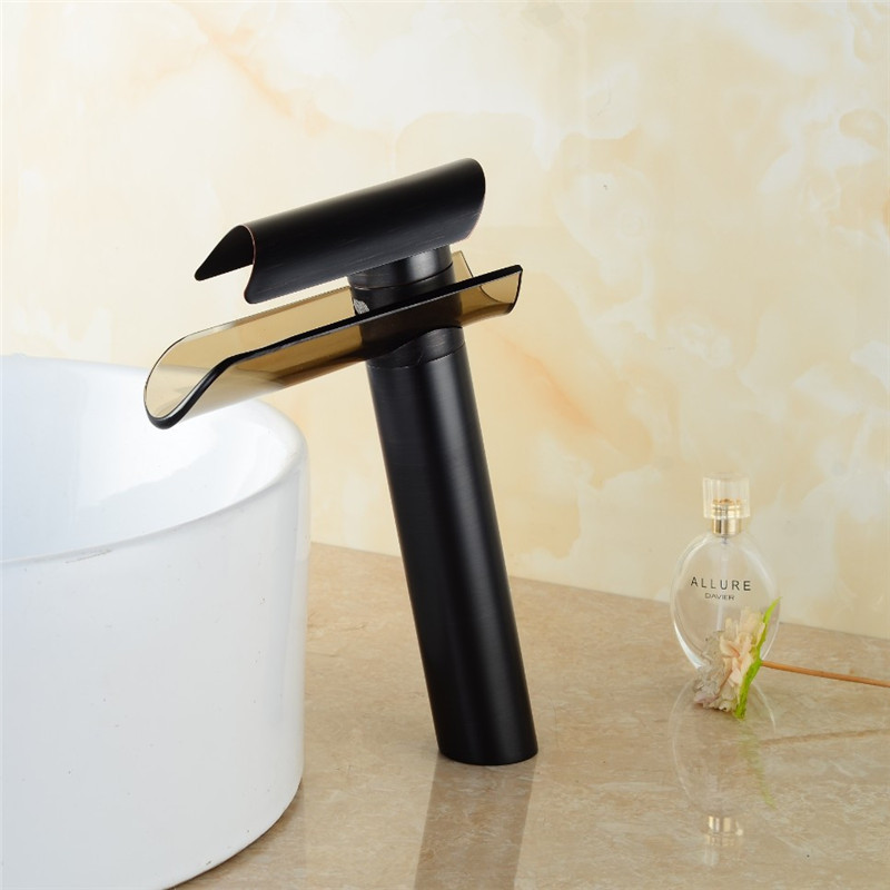 Waterfall Antique Brass Basin Faucet Black Cold and Hot Water