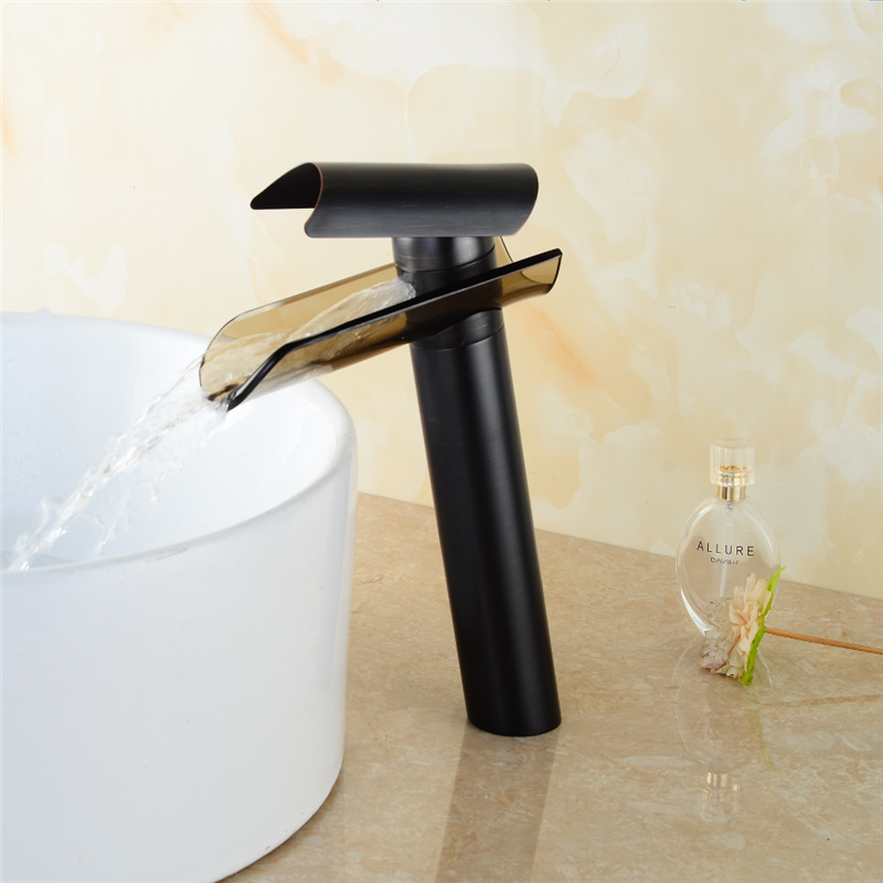 Waterfall Antique Brass Basin Faucet Black Cold and Hot Water