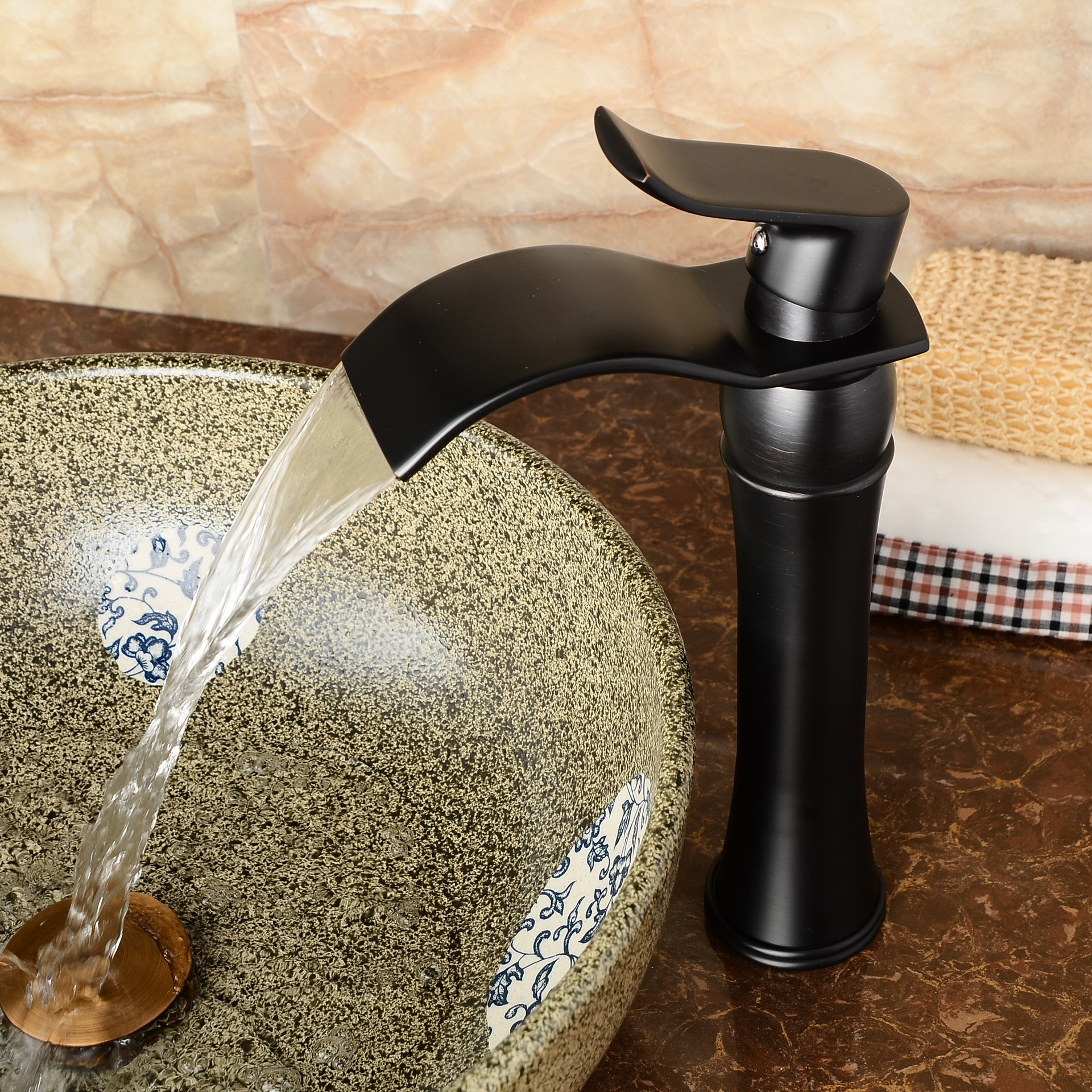 Junhai Xu Antique Black Oil Rubbed Waterfall Basin Faucet Hot and Cold