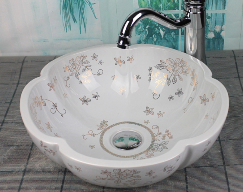 Vintage White With Golden Pattern Petal Ceramic Bathroom wash basin
