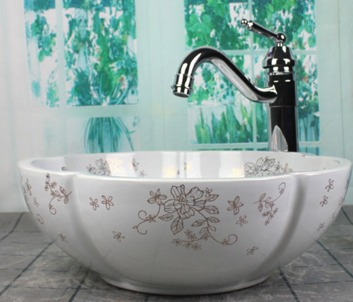 Vintage White With Golden Pattern Petal Ceramic Bathroom wash basin
